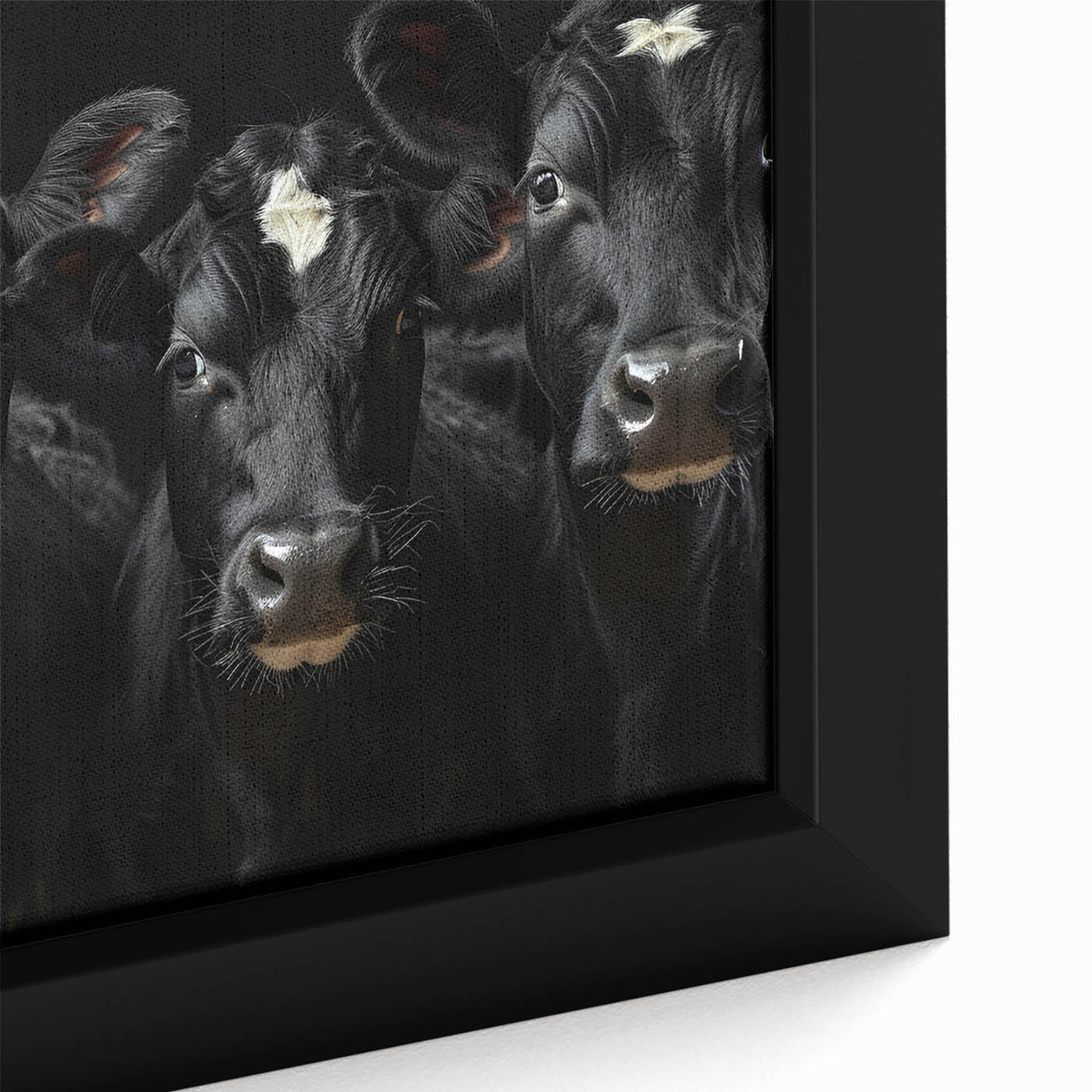 Close-up of a framed canvas wall art featuring a striking cow design, showcasing intricate details and vibrant colors, perfect for animal lovers and home decor enthusiasts.