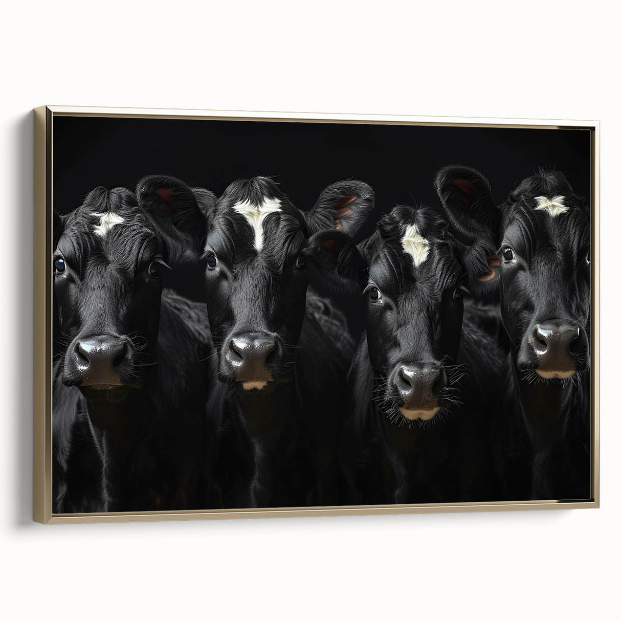 Framed wall art showcasing a stylish cow design from the 'Animals a Wild Life' collection, set against a gold background, perfect for modern home decor.