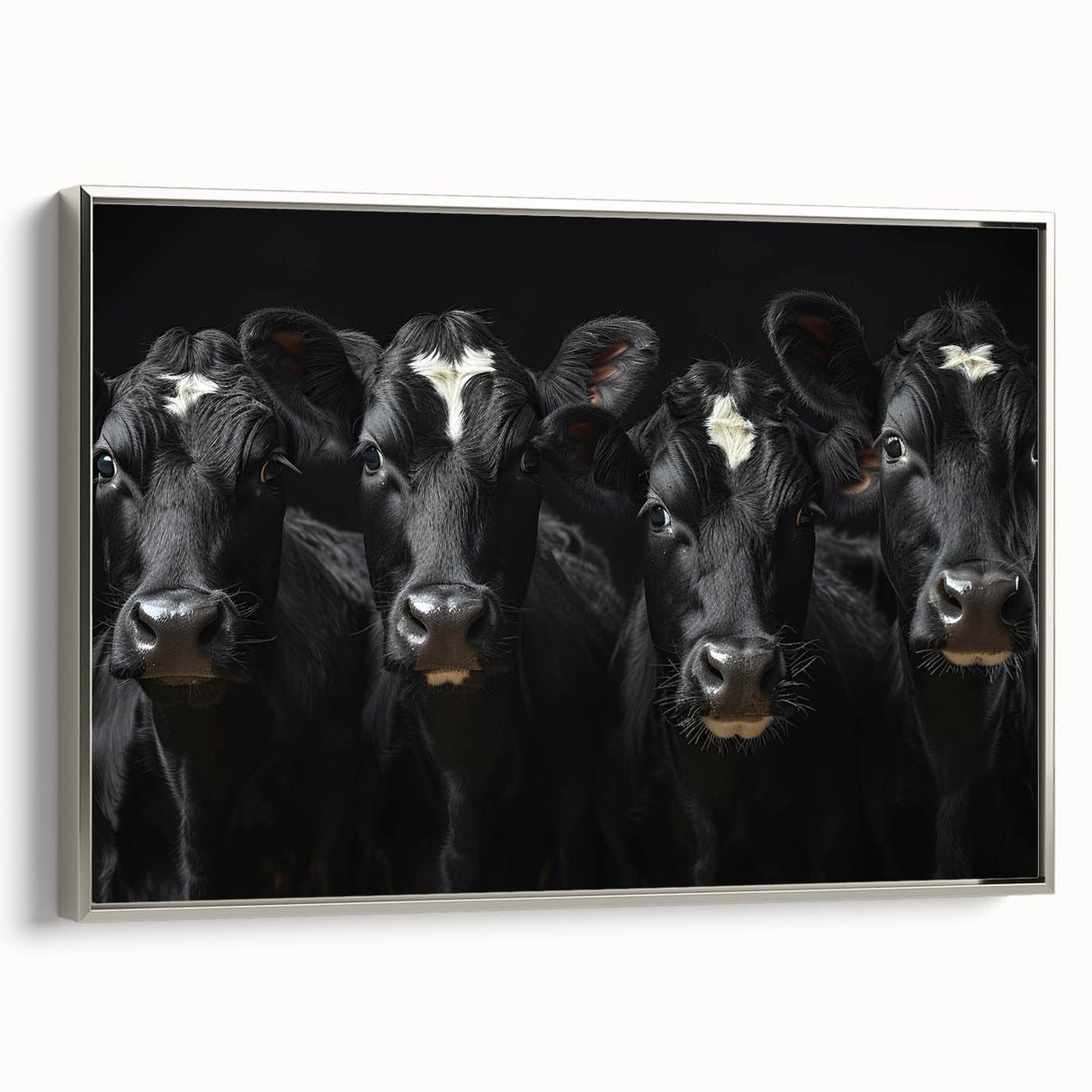 Framed wall art featuring a striking cow design in a contemporary style, showcased with a sleek silver frame, ideal for modern home decor and animal lovers.