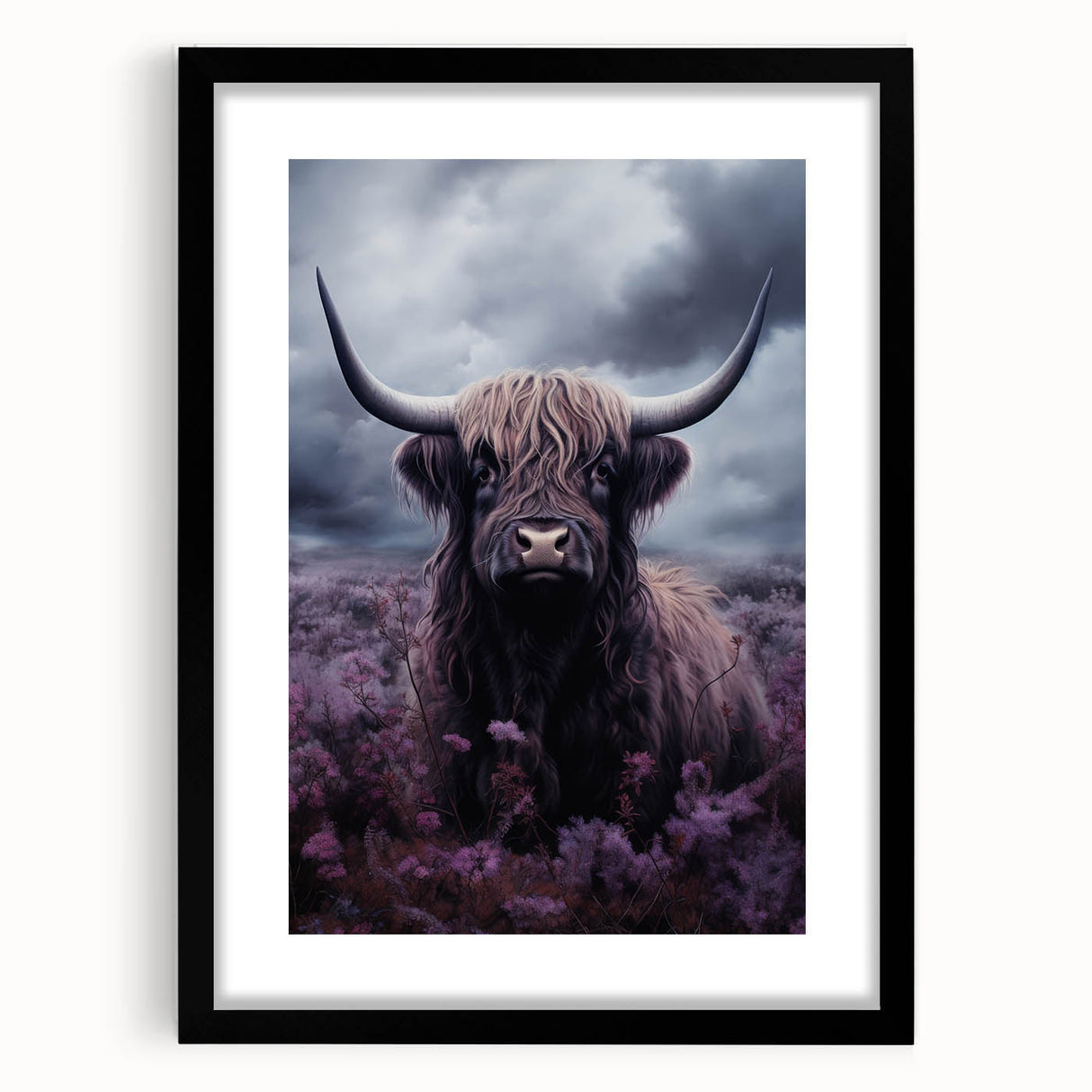 Black-framed wall art featuring a detailed cow design from the "Animals A Wild Life" collection, showcasing intricate patterns and vibrant colors, perfect for animal lovers and modern decor.