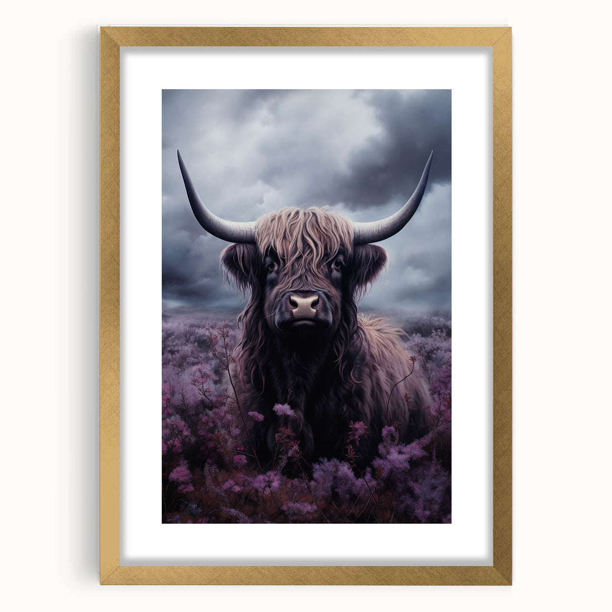 Gold-framed wall art depicting a stylized cow design from the Animals a Wild Life collection, featuring vibrant colors and intricate detailing, ideal for animal lovers and modern decor.