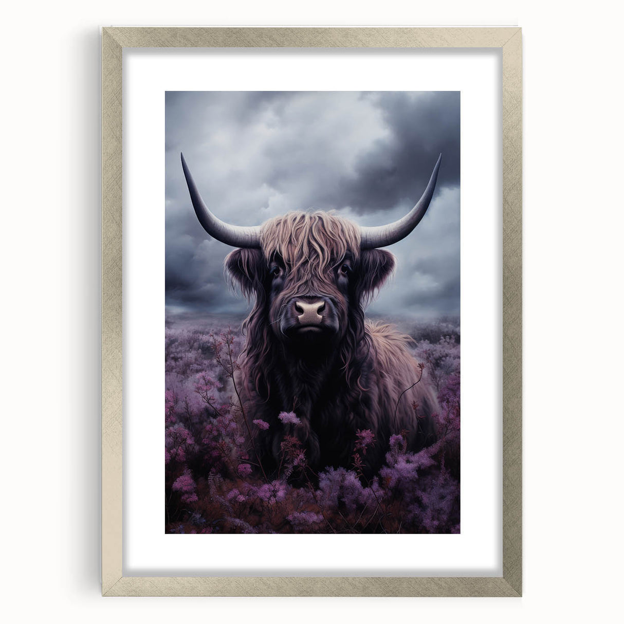 Framed wall art featuring a cow design from the 'Animals A Wild Life' collection, with a silver mat and sleek front view, perfect for animal lovers' decor.