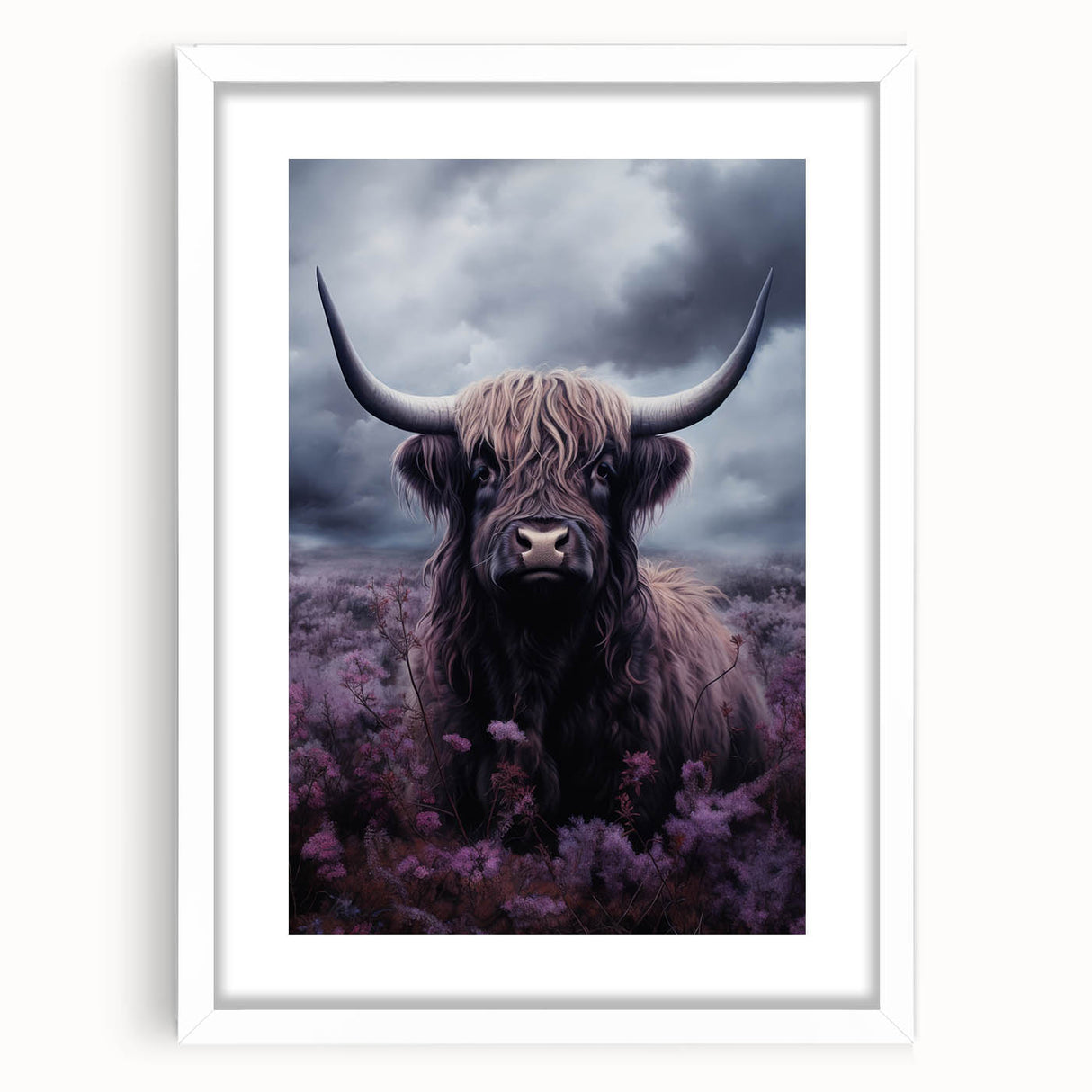 Framed wall art collection featuring a striking cow design, set against a white mat, perfect for animal lovers and rustic home decor enthusiasts.