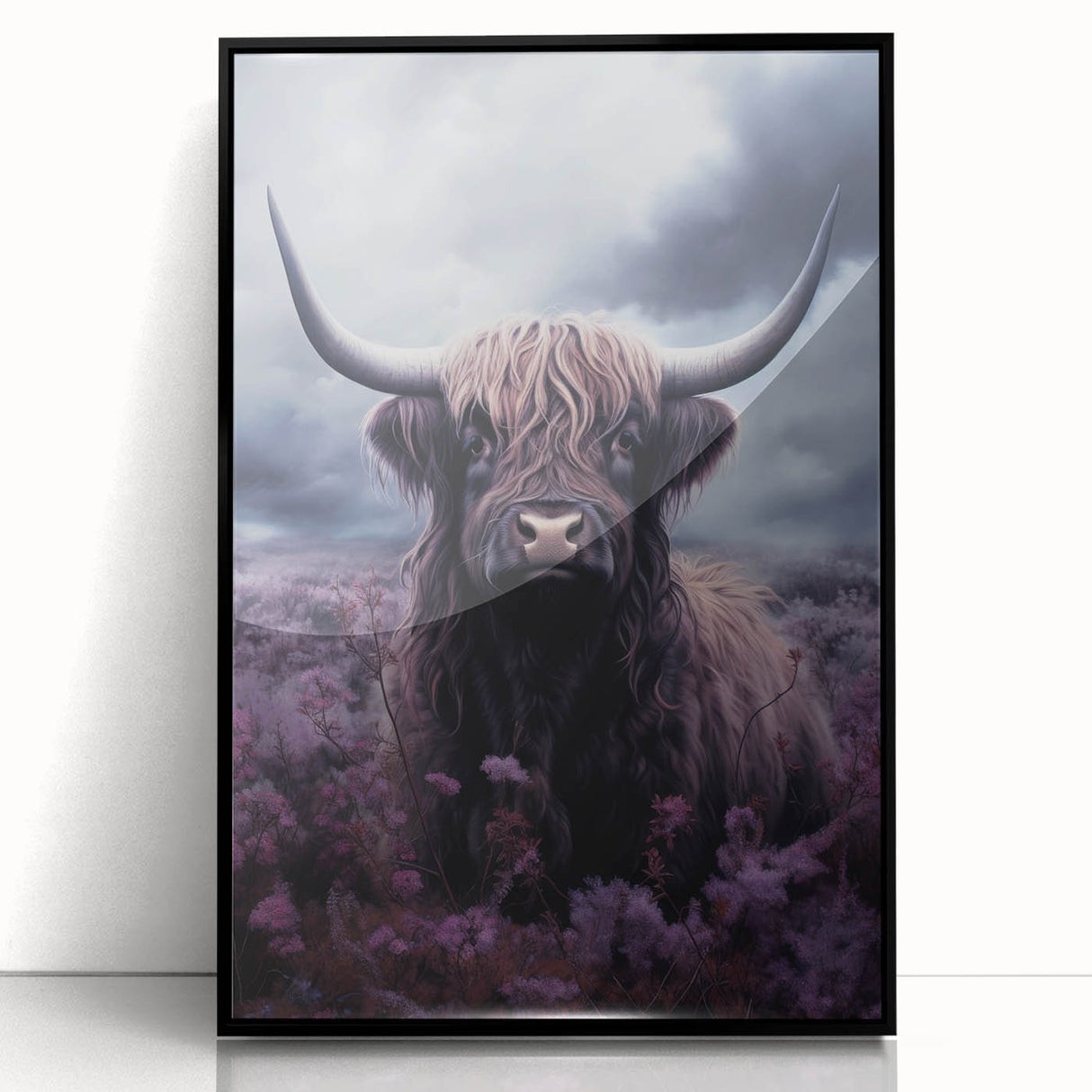 Framed acrylic wall art showcasing a stylized black and white cow design, perfect for animal lovers and modern decor. This piece adds a chic touch to any room.