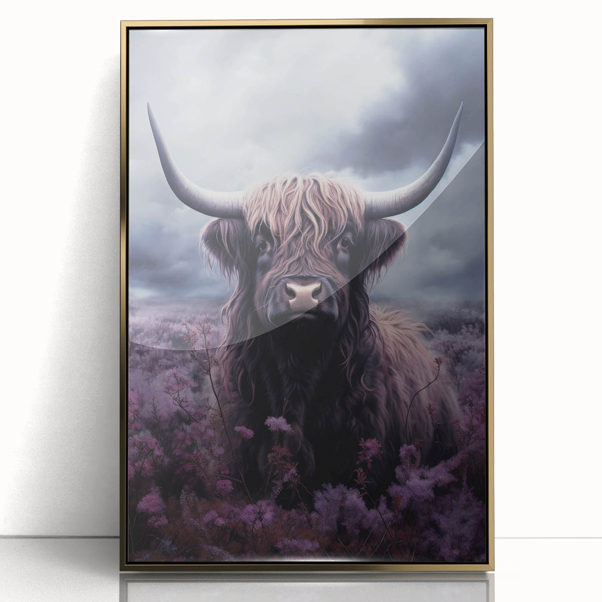Framed wall art showcasing a stylized cow design, featuring gold accents and an acrylic front, perfect for animal lovers and modern decor enthusiasts.