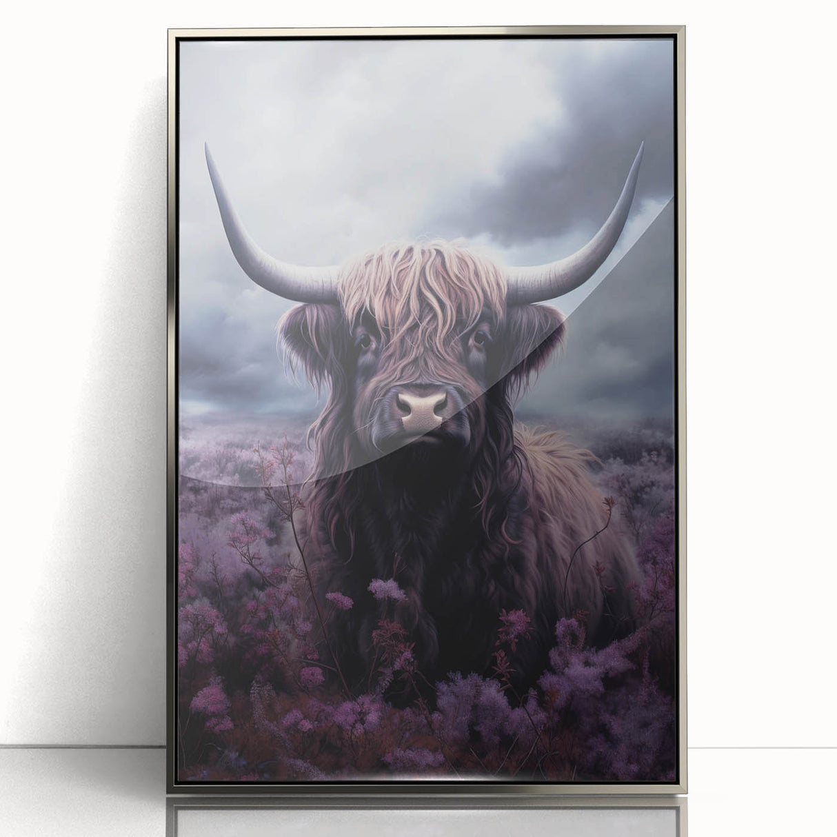 Framed acrylic wall art featuring a detailed cow design from the "Animals A Wild Life" collection, showcasing vibrant colors and a sleek silver frame, ideal for rustic or modern decor.