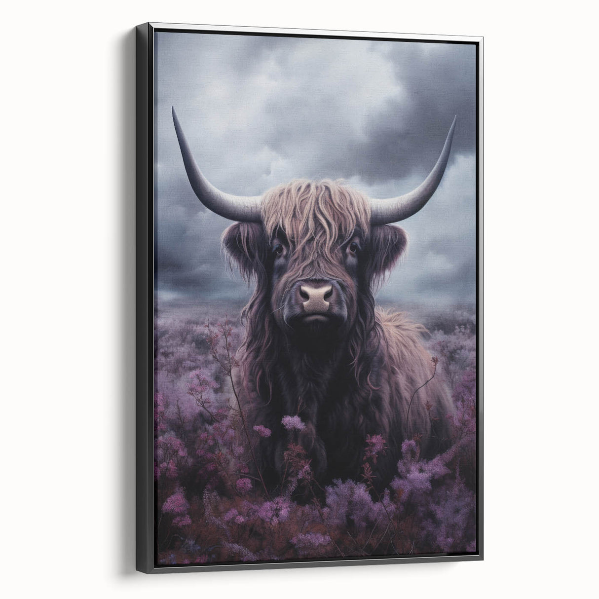 Framed wall art featuring a black cow design on a textured canvas, set against a neutral background, perfect for animal lovers and rustic decor enthusiasts. This stylish piece adds a unique touch to any space, highlighting the beauty of wildlife.