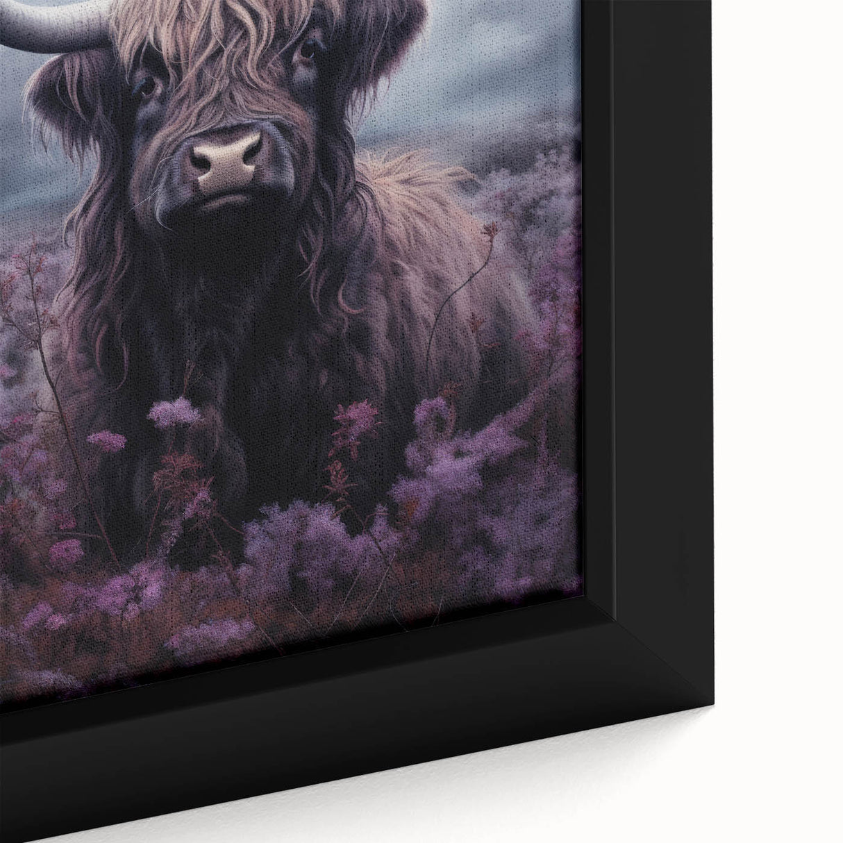 Close-up of a framed canvas wall art featuring a detailed illustration of a cow, showcasing vibrant colors and intricate textures, ideal for animal lovers and home decor enthusiasts.