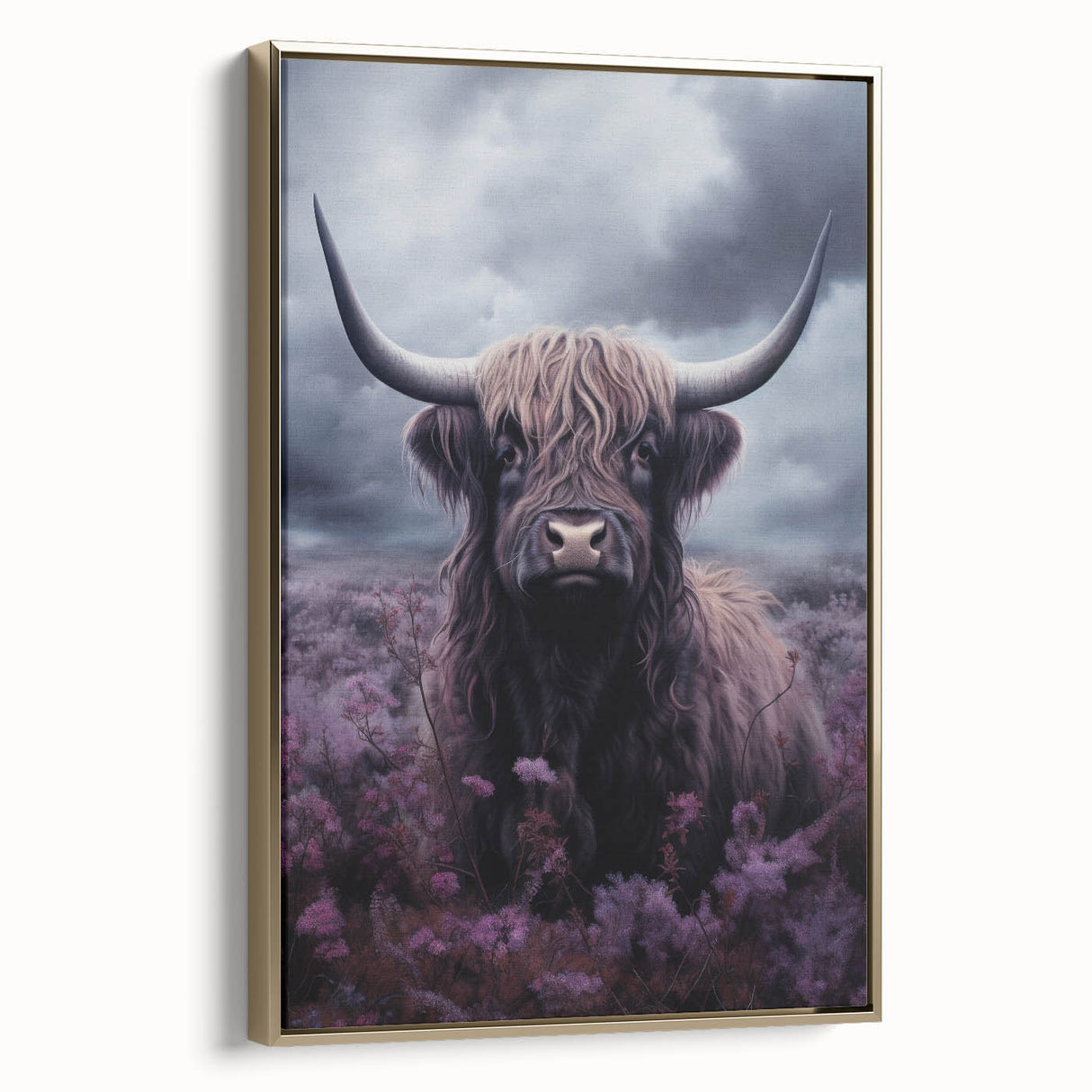 Framed wall art featuring a stylish cow design in a golden frame, showcasing vibrant colors and intricate details, perfect for animal lovers and modern decor.
