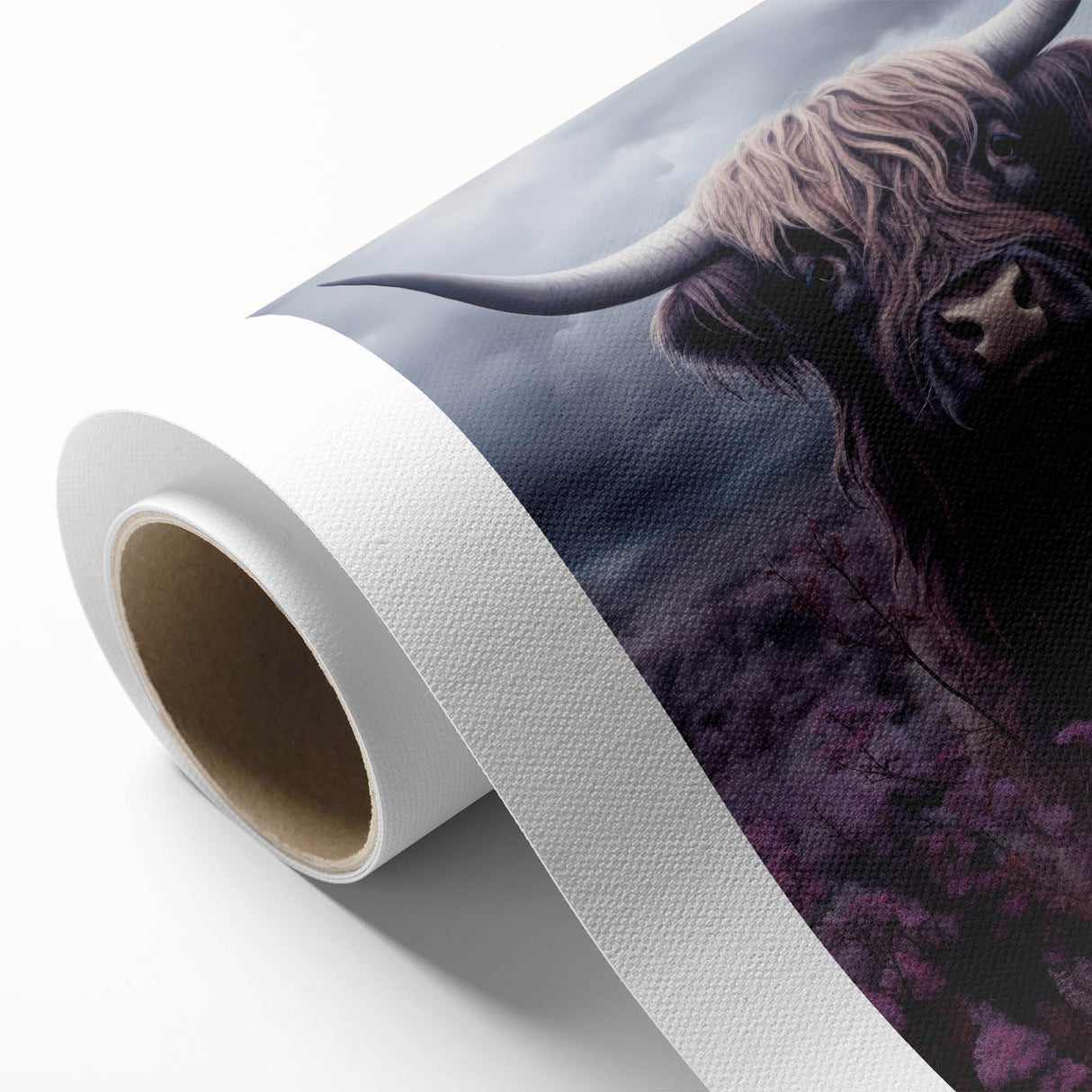 Rolled canvas showcasing a vibrant cow design from the "Animals A Wild Life" collection, featuring bold colors and intricate details, perfect for animal lovers' home decor.