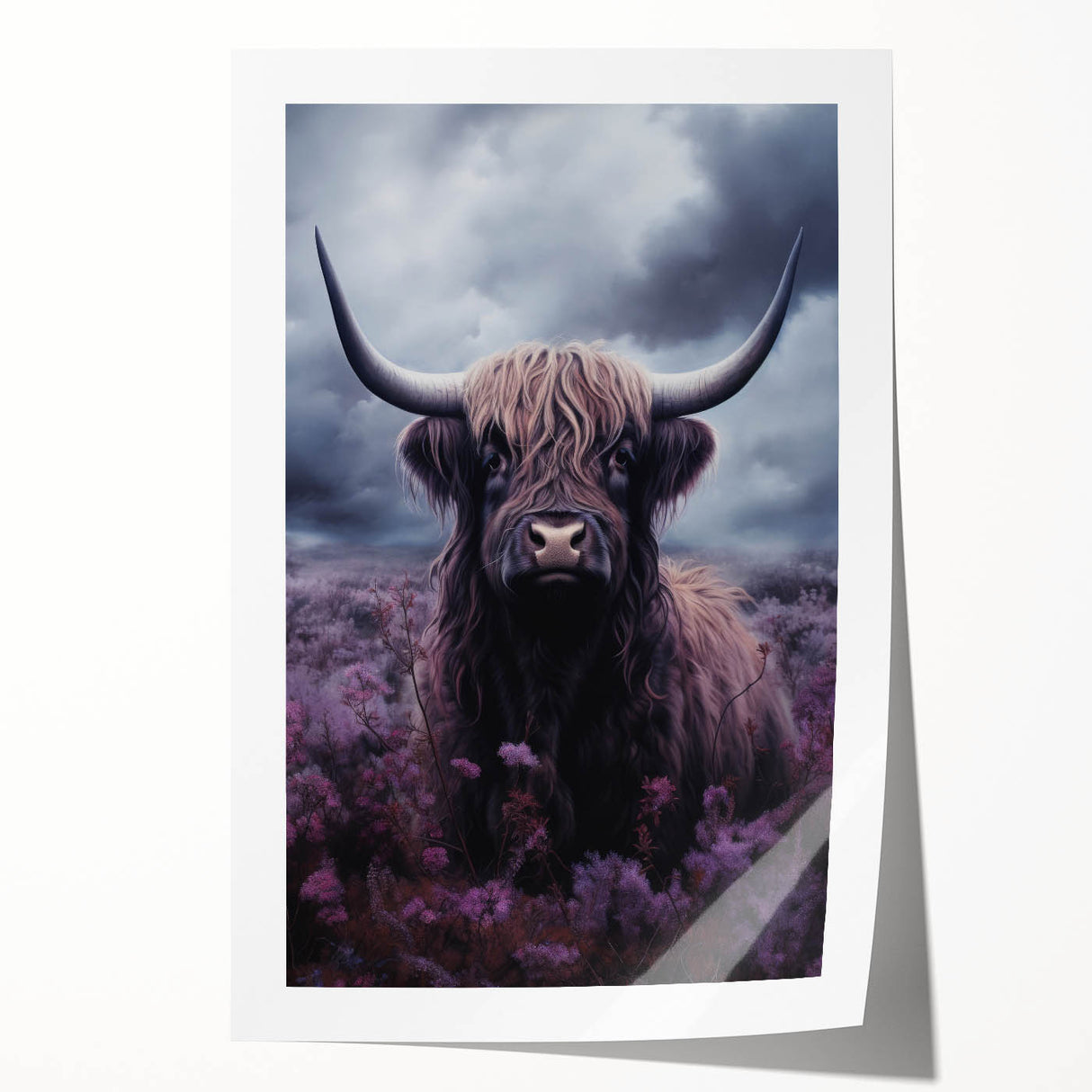 Vibrant wall art print featuring a detailed illustration of a cow in a natural setting, showcasing intricate patterns and earthy colors, ideal for animal lovers and rustic decor.