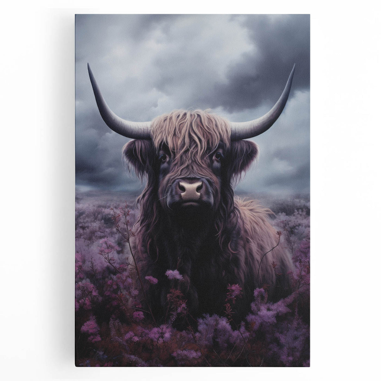 Stretched canvas wall art featuring a vibrant cow design, showcasing intricate details and rich colors, perfect for animal lovers and home decor enthusiasts.