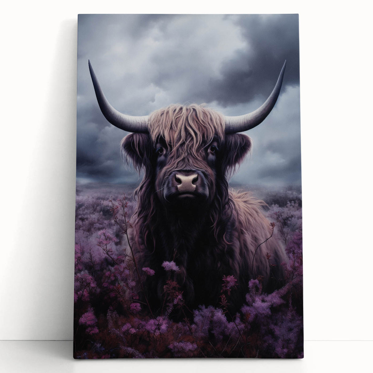 Stretched canvas wall art featuring a vibrant cow design, showcasing detailed textures and colors, perfect for adding a rustic touch to home decor.