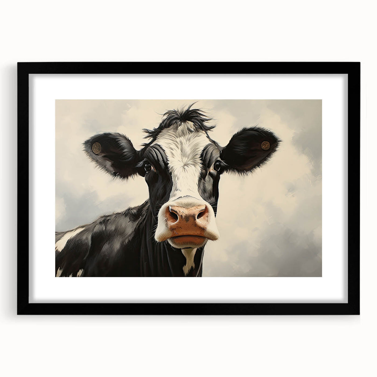 Black-framed wall art featuring a serene cow design, set against a neutral mat background, perfect for adding a touch of rustic charm to home decor.