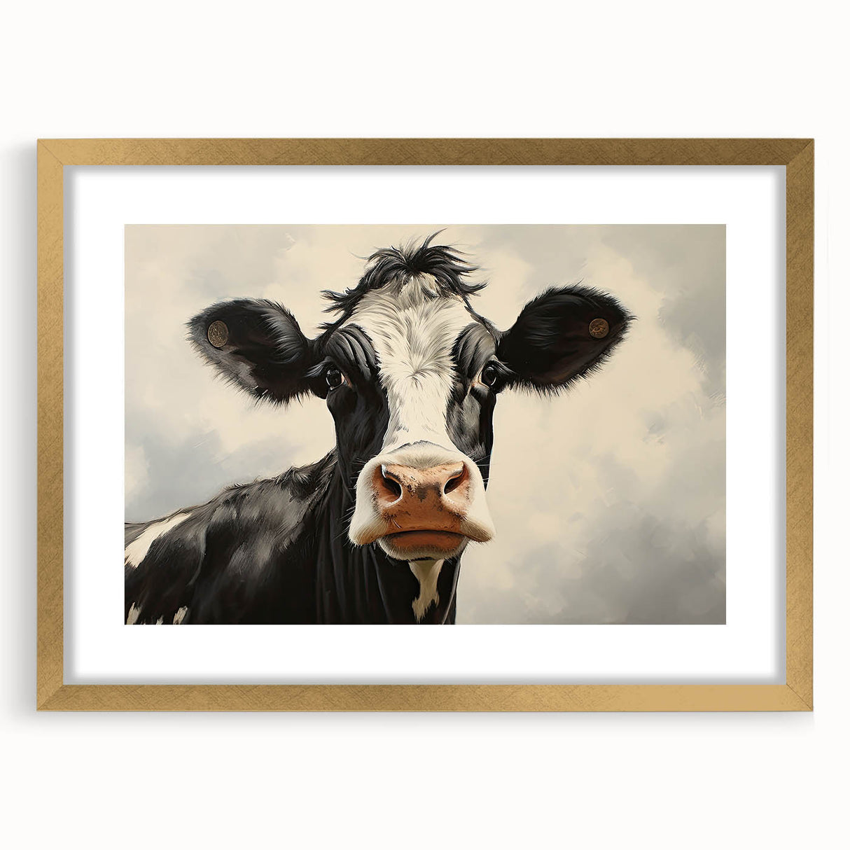 Gold-framed wall art featuring a detailed cow design from the "Animals A Wild Life" collection, showcasing vibrant colors and intricate patterns, perfect for animal lovers.