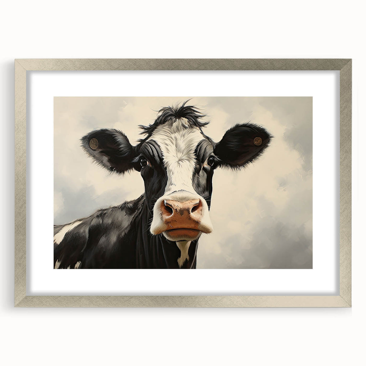 Wall art featuring a detailed cow design in a silver frame, showcasing intricate patterns and textures, ideal for animal lovers and modern decor enthusiasts.