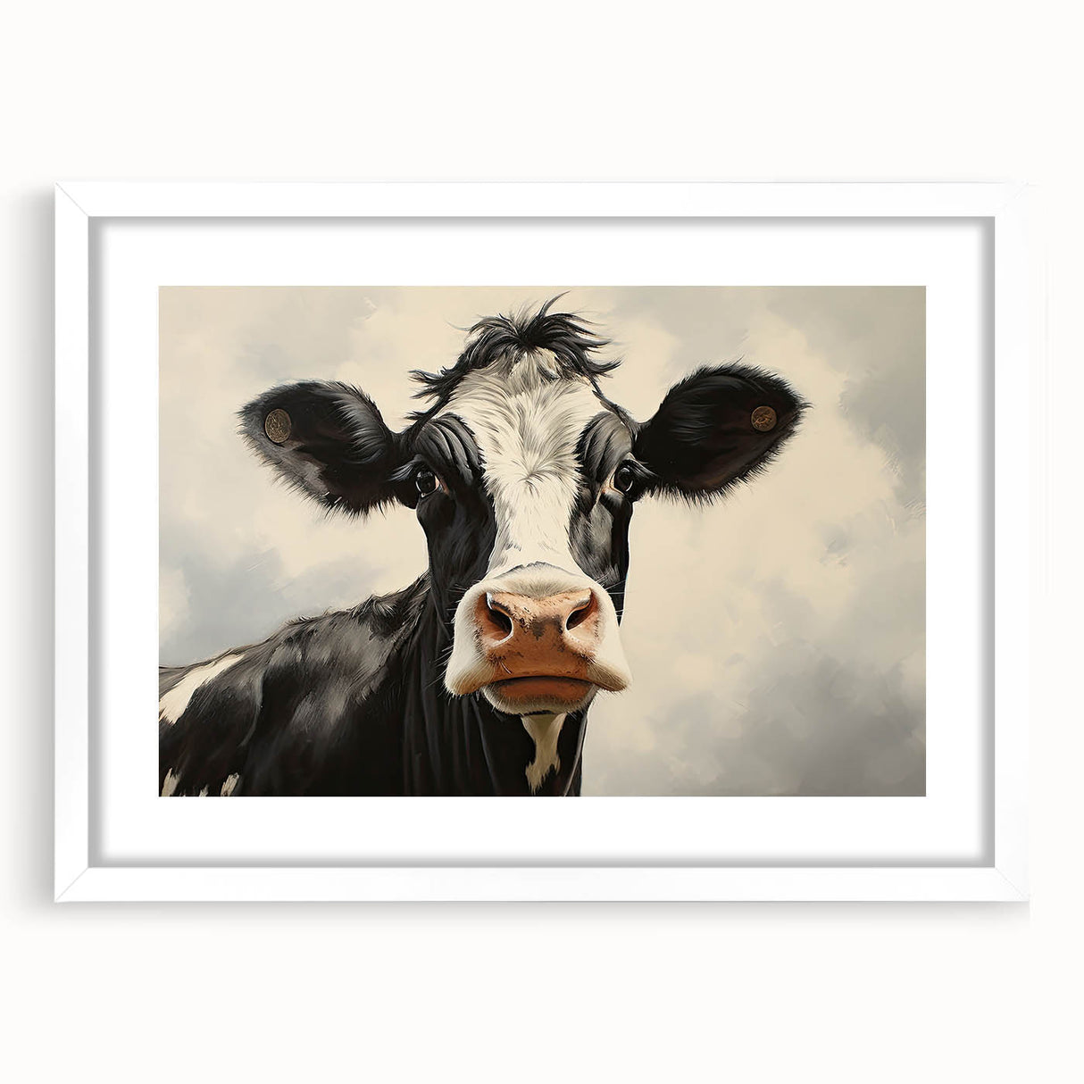 Framed wall art featuring a stylish cow design, set in a white mat and frame, perfect for enhancing rustic decor in homes or offices. Suitable for animal lovers and art enthusiasts alike, this piece adds a unique touch to any wall.