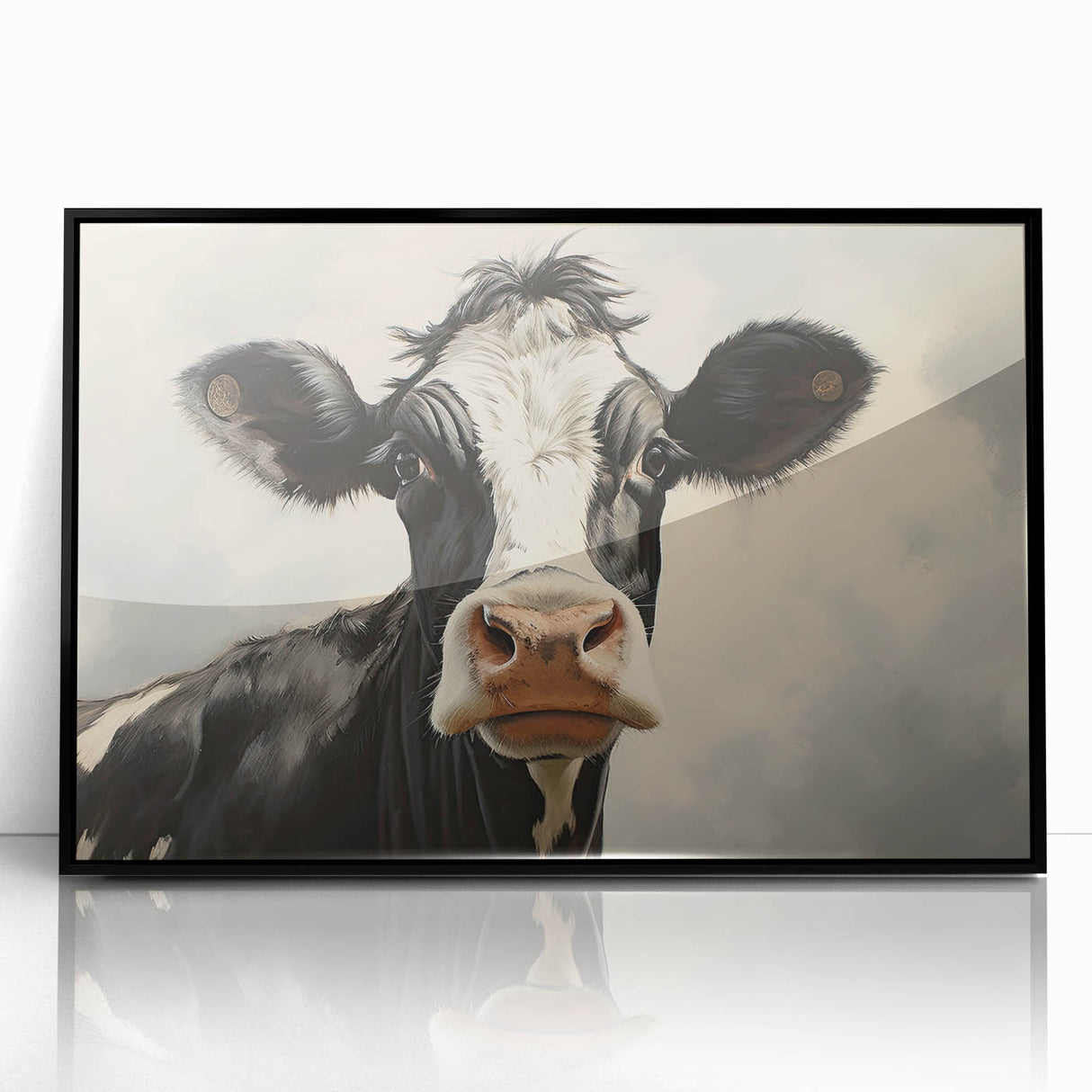Framed wall art featuring a striking black and white cow design from the Animals A Wild Life collection, showcasing detailed textures and a sleek acrylic finish, perfect for modern decor.