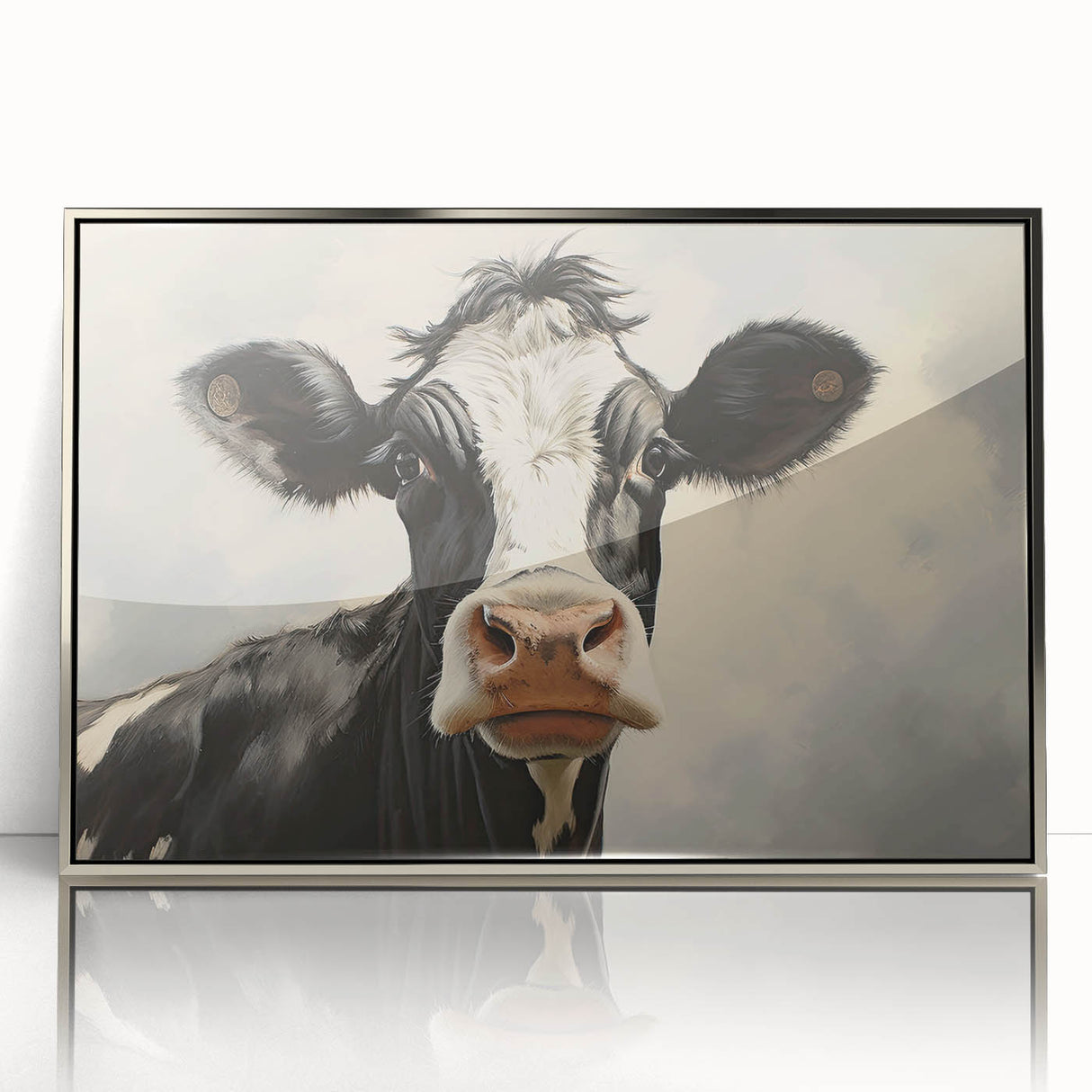 Framed wall art featuring a contemporary cow design from the Animals A Wild Life collection, showcasing intricate details and a sleek silver frame, ideal for modern decor.