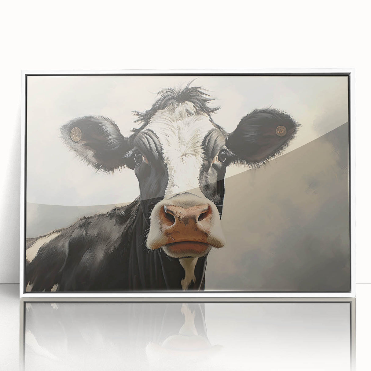 Framed acrylic wall art featuring a stylized cow design in a white frame, ideal for enhancing modern decor with a touch of wildlife inspiration. Perfect for animal lovers and contemporary art enthusiasts.
