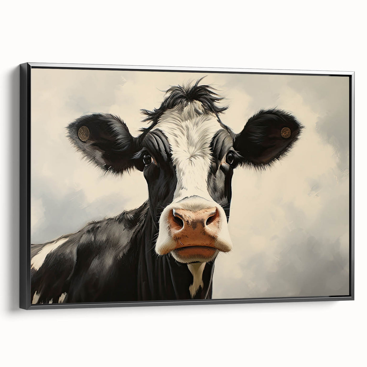 Framed canvas wall art showcasing a stylized cow design in a black frame, featuring vibrant colors and intricate details, perfect for animal lovers and home decor enthusiasts.