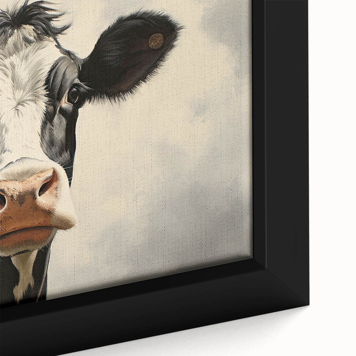 Close-up of a framed canvas wall art featuring a realistic cow design, showcasing intricate details and vibrant colors, perfect for animal lovers and rustic décor.