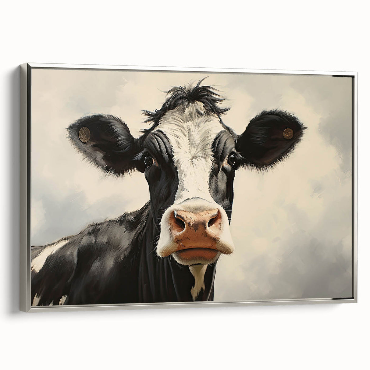 Framed canvas wall art showcasing a striking cow design from the "Animals - A Wild Life" collection, displayed from a silver side view, perfect for adding a modern touch to any decor.