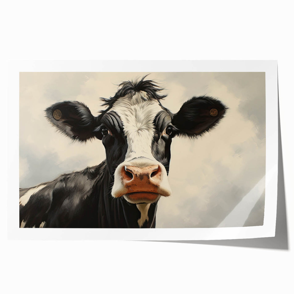 Colorful wall art print featuring a stylized cow design, perfect for animal lovers and rustic decor enthusiasts. Ideal for enhancing home or office aesthetics.