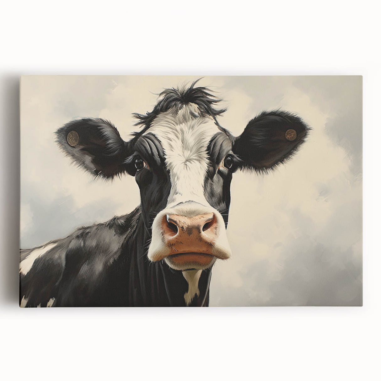 Stretched canvas wall art featuring a vibrant cow design, showcasing intricate details and colorful patterns, perfect for animal lovers and home decor enthusiasts.