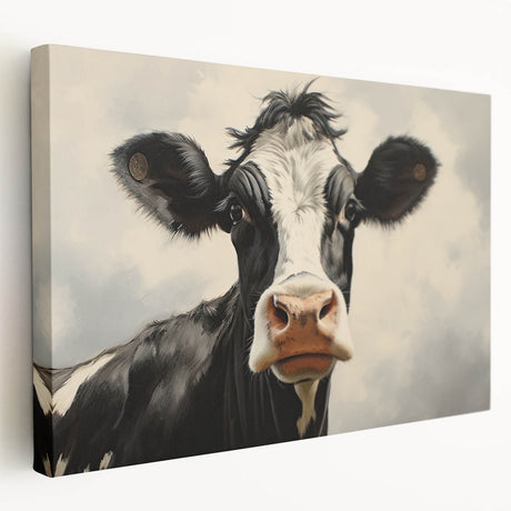 Side view of a stretched canvas wall art featuring a colorful cow design, showcasing vibrant patterns and textures, perfect for animal lovers and rustic decor.