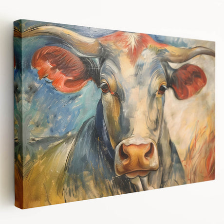 Side view of a stretched canvas wall art featuring a colorful cow design, showcasing detailed textures and vibrant colors, ideal for animal lovers and rustic decor.