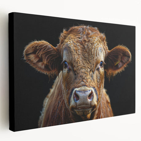 Side view of a stretched canvas wall art featuring a colorful cow design, showcasing vibrant hues against a textured background, perfect for animal lovers’ decor.