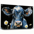 Acrylic glass wall art collection featuring a colorful cow design, displayed from the side with visible mounting pins, ideal for animal lovers and home decor enthusiasts.