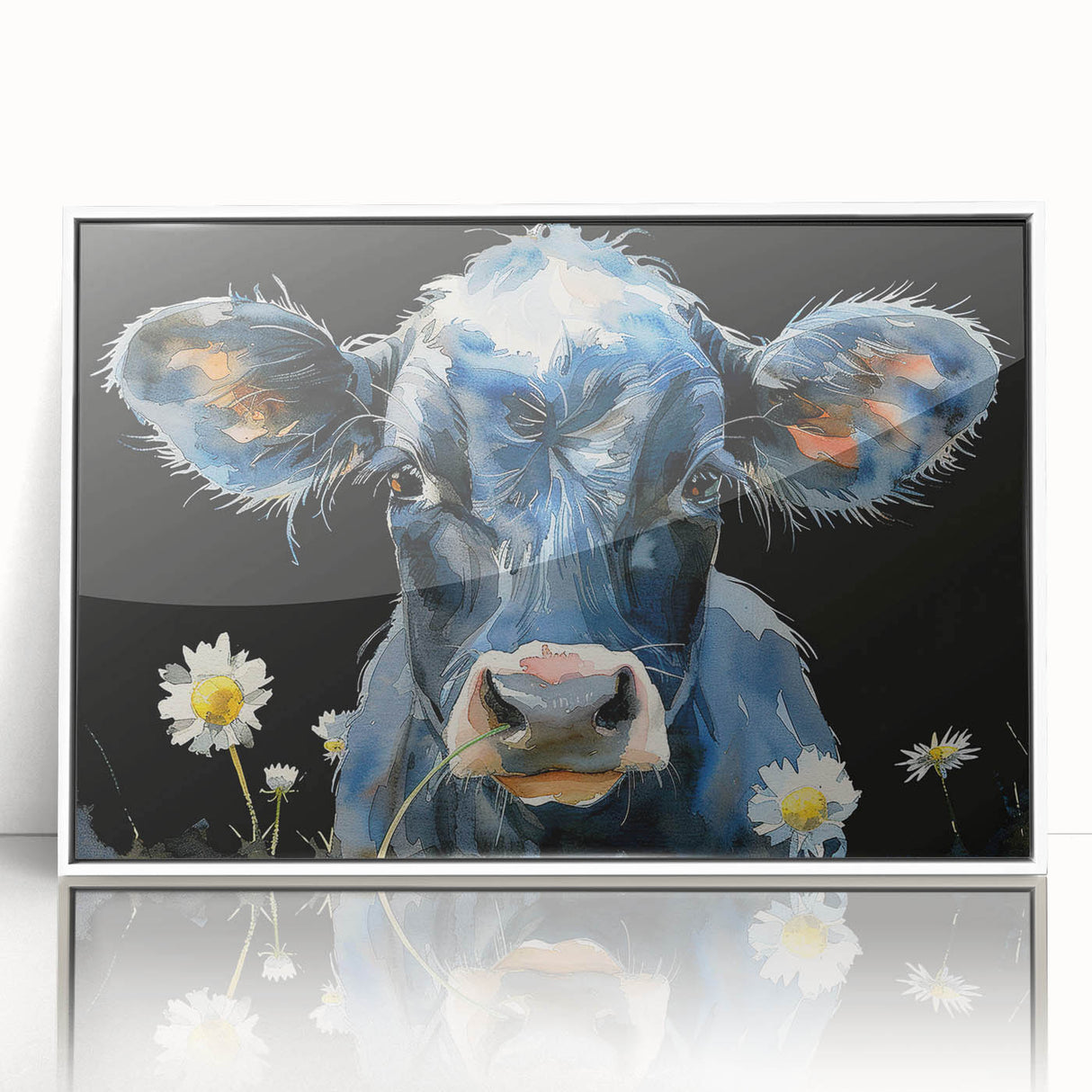 Framed acrylic wall art featuring a whimsical cow design, showcasing vibrant colors against a white background, perfect for animal lovers and modern decor.