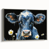 Framed wall art featuring a silver-bordered canvas print of a cow design, showcasing vibrant colors and intricate details, perfect for animal lovers and home decor.