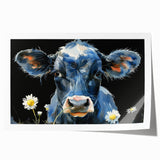 Vibrant rolled wall art print showcasing a whimsical cow design, perfect for animal lovers, featuring bold colors and playful elements, packaged securely for shipping.