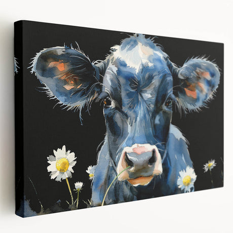 Stretched canvas wall art showcasing a vibrant cow design, featuring intricate details and rich colors, perfect for adding a unique touch to home decor.