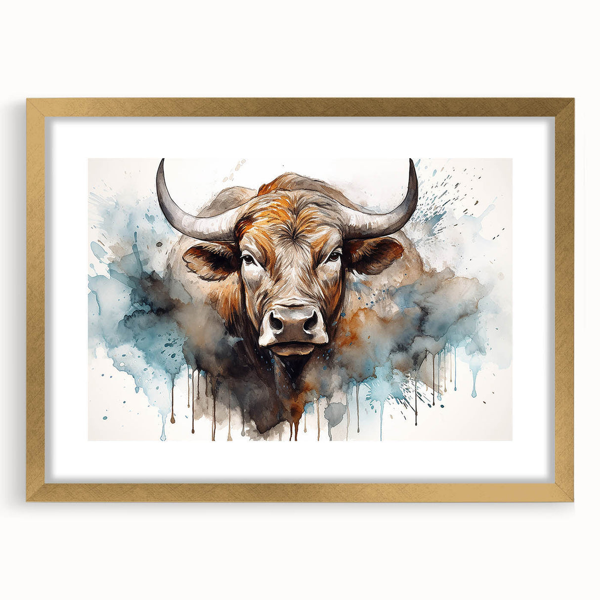 Framed wall art featuring a wild cow design in a gold frame with a mat, perfect for rustic decor. Ideal for animal lovers seeking unique home accents.
