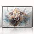 Framed wall art featuring a striking cow design, showcasing intricate details in black and white, ideal for animal lovers and modern decor enthusiasts.