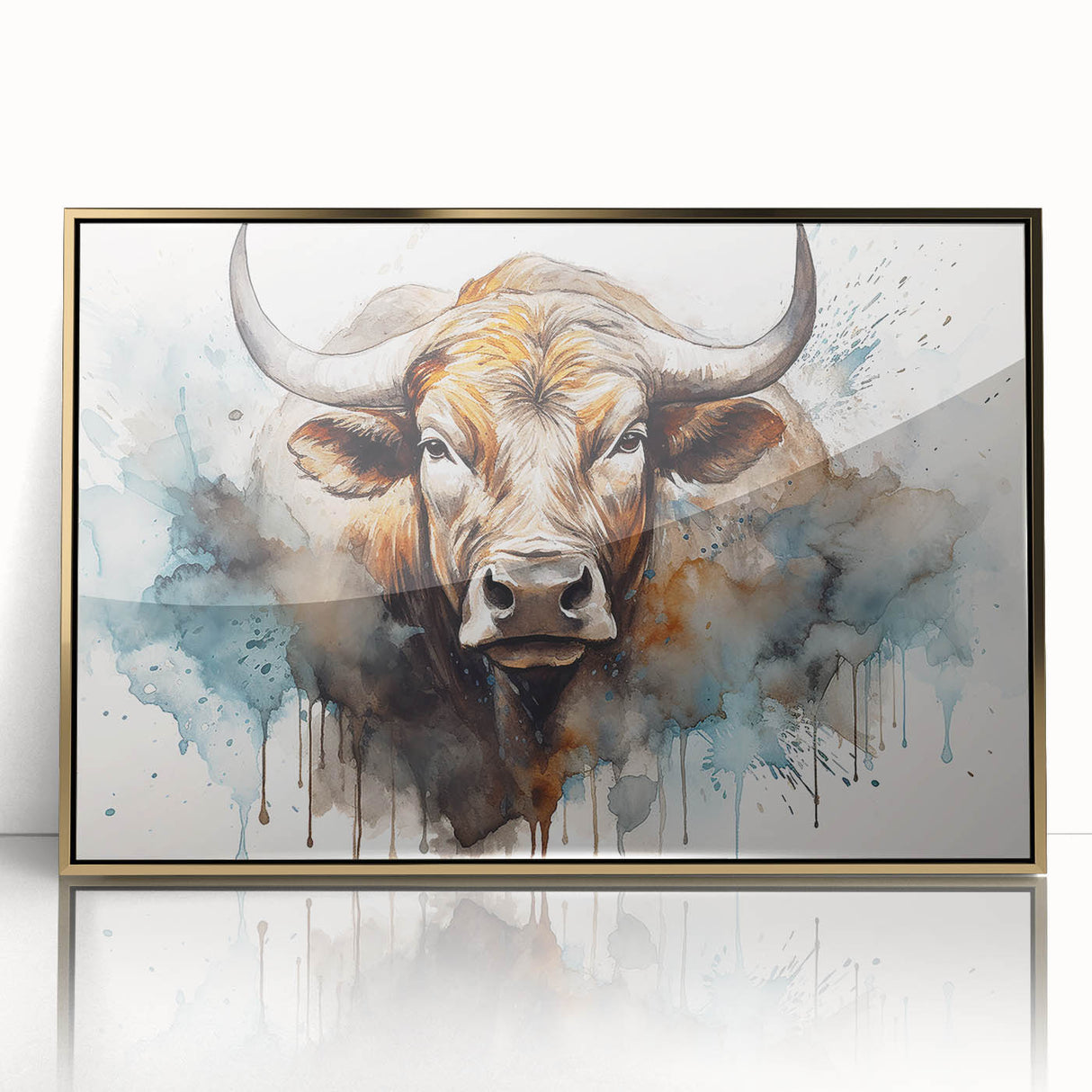 Framed acrylic wall art featuring a striking cow design from the "Animals a Wild Life" collection, with a gold frame that highlights the vibrant colors. Perfect for animal lovers and modern decor enthusiasts.