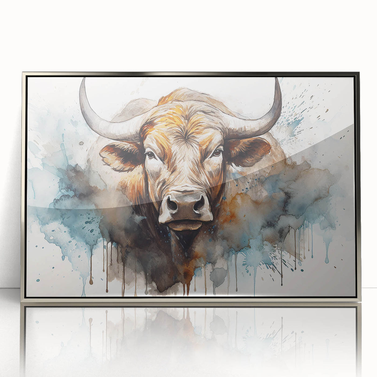 Framed wall art featuring a striking cow design in a silver-acrylic finish, showcasing intricate details and vibrant colors, perfect for animal lovers' decor.