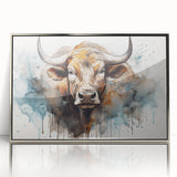 Framed wall art featuring a striking cow design in a silver-acrylic finish, showcasing intricate details and vibrant colors, perfect for animal lovers' decor.