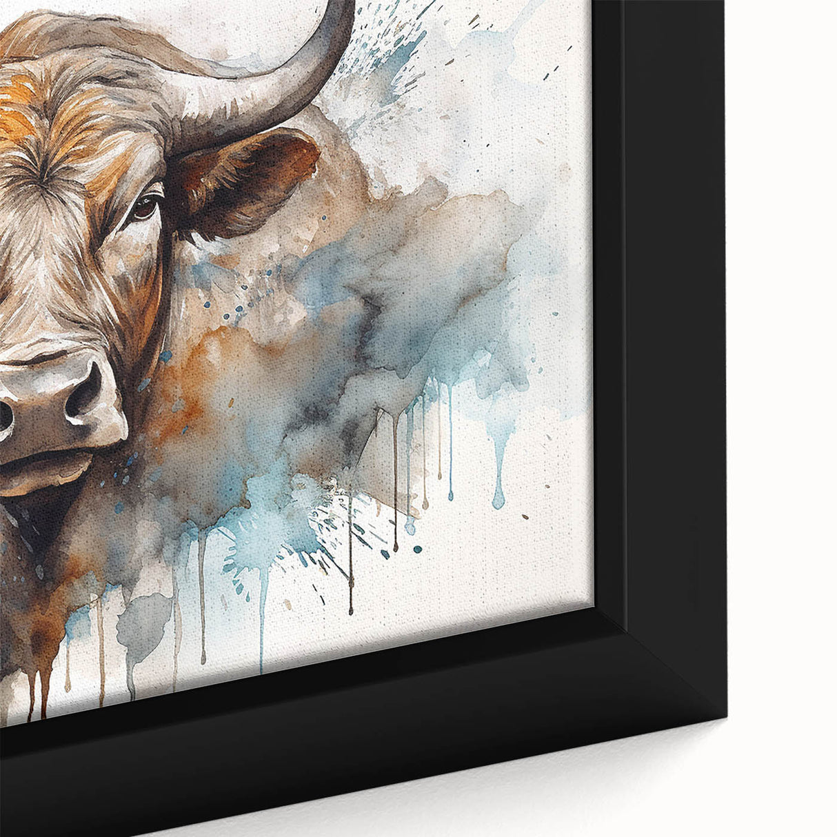 Close-up of a framed canvas wall art featuring a vibrant cow design, showcasing intricate details and textures, perfect for animal lovers and home decor enthusiasts.
