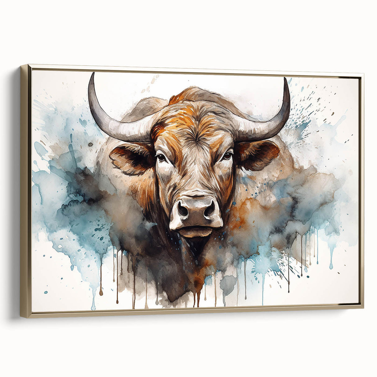 Framed canvas wall art showcasing a vibrant cow design from the Animals A Wild Life collection, featuring a gold frame and side view, ideal for animal lovers' decor.