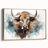 Framed canvas wall art showcasing a vibrant cow design from the Animals A Wild Life collection, featuring a gold frame and side view, ideal for animal lovers' decor.