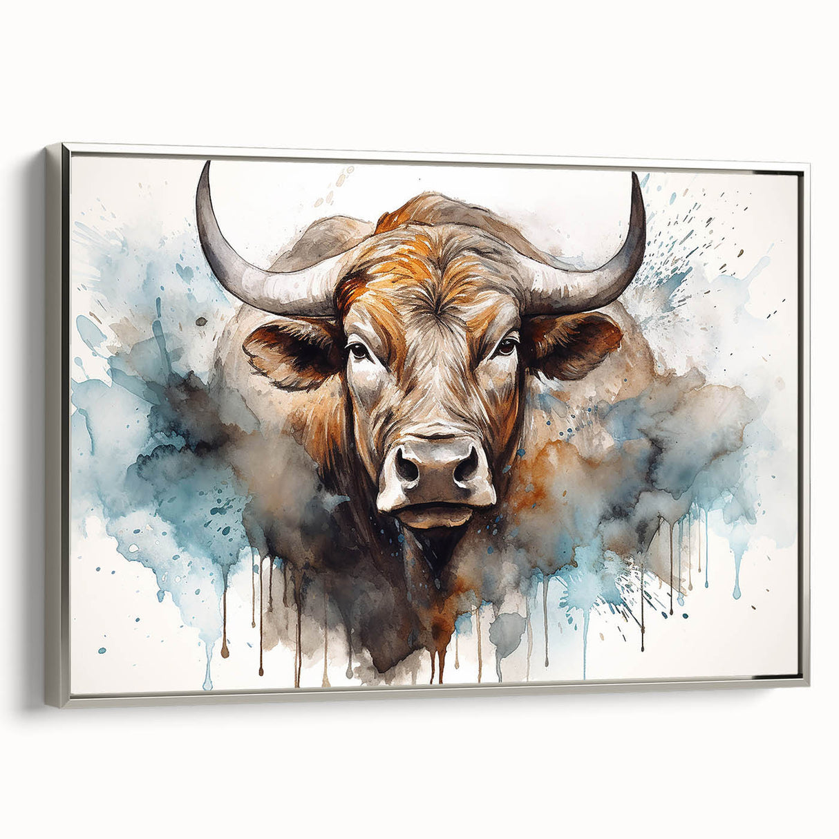 Framed wall art featuring a side view of a silver-framed canvas showcasing a vibrant cow design, perfect for animal lovers and modern decor enthusiasts.