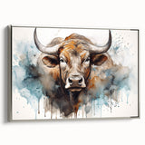 Framed wall art featuring a side view of a silver-framed canvas showcasing a vibrant cow design, perfect for animal lovers and modern decor enthusiasts.
