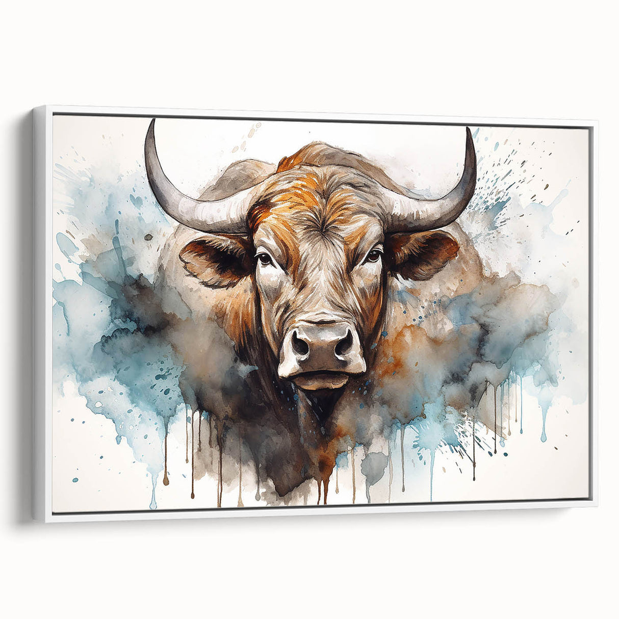 Framed canvas wall art depicting a whimsical cow design against a white background, featuring vibrant colors and playful details, ideal for animal lovers' decor.