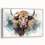 Framed canvas wall art depicting a whimsical cow design against a white background, featuring vibrant colors and playful details, ideal for animal lovers' decor.