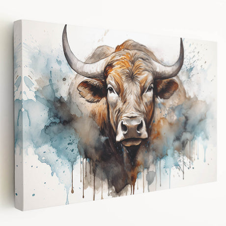 Stretched canvas wall art showcasing a vibrant cow design from the "Animals of the Wild" collection, featuring rich colors and detailed textures, perfect for animal lovers.